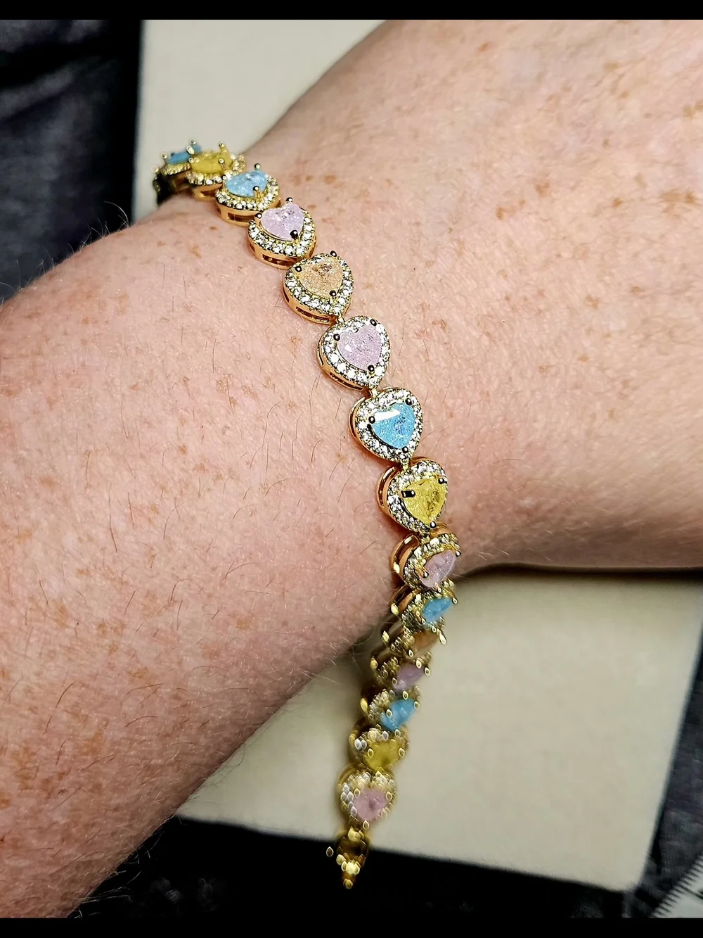 Gold Tone Stainless Steel Heart Multicolor Stone Bracelet W Extra Link